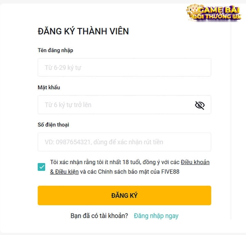 Biểu mẫu đăng ký Five88